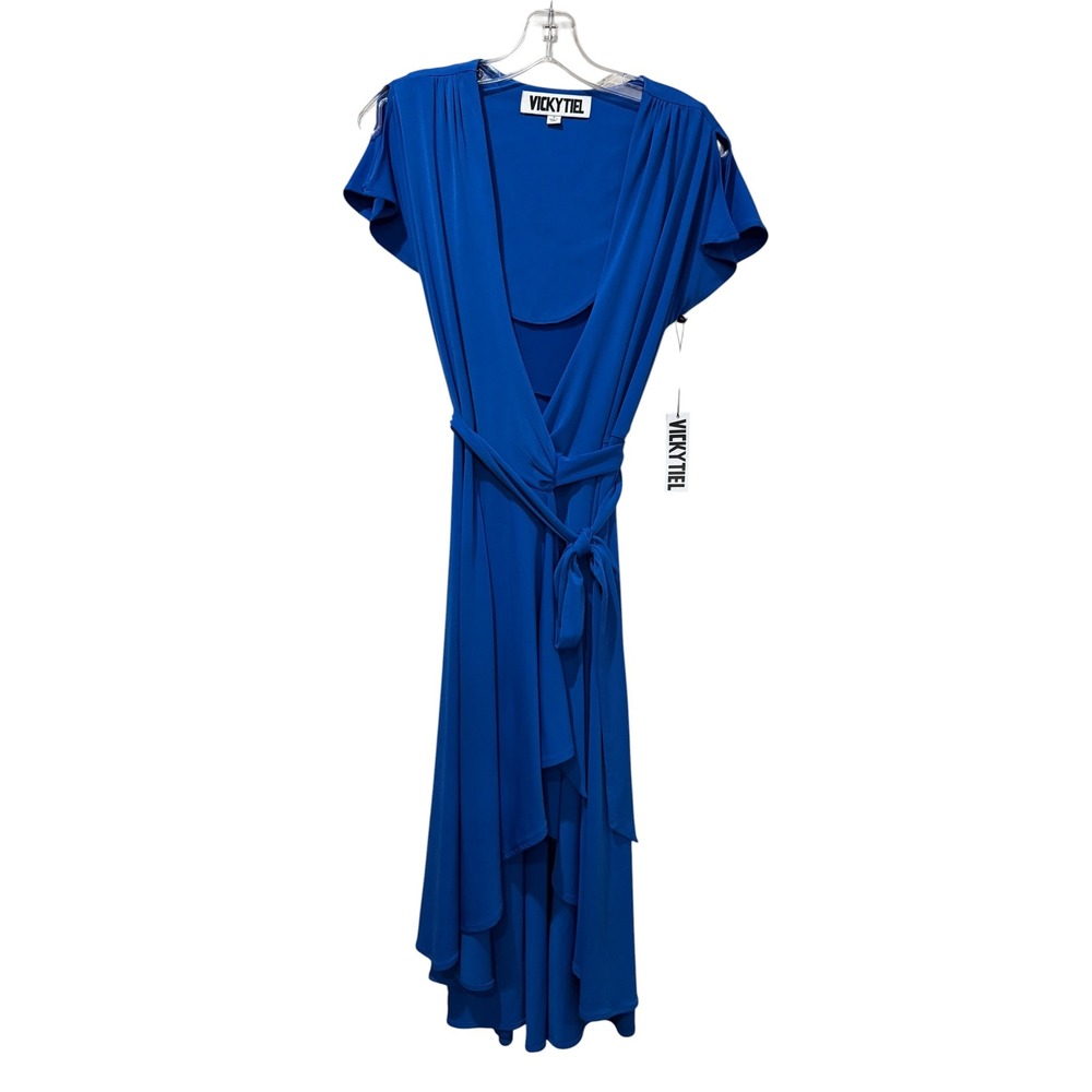 Vicky Tiel Small Royal Blue Wrap Dress Short Sleeve High Low Midi Cobalt NWT